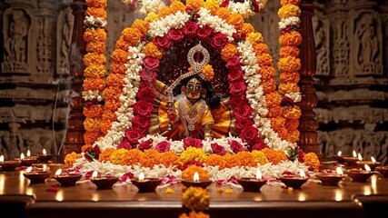 hindu god deity adorned with flowers and diyas