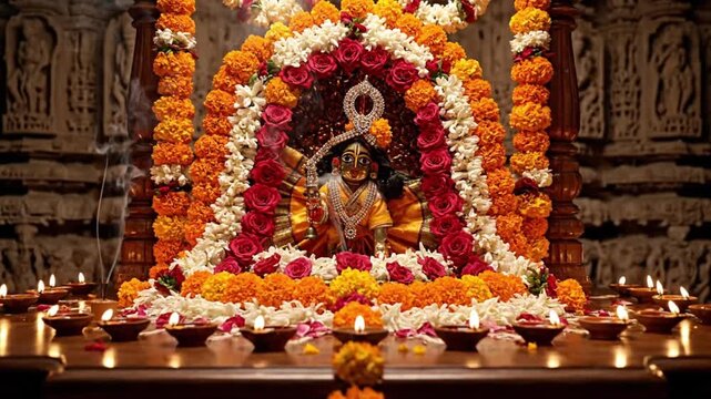 hindu god deity adorned with flowers and diyas