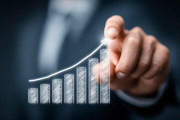 Business growth concept with hand pointing at rising bar chart, financial analytics and success strategy visualization in blurred background