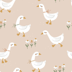 Vector seamless pattern with cute geese on a beige background. Seamless for wrapping paper, greeting cards and other. Can be used for wallpaper, textile, packaging.