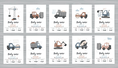 Big set of templates for baby metrics with construction machines. Date of birth, height, weight. Perfect for kids bedroom, nursery decoration, posters and wall decorations