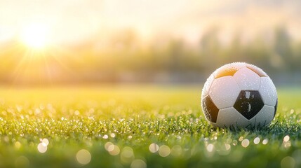 Exciting soccer action ball on sunlit field outdoor sports scene captivating perspective early morning glow