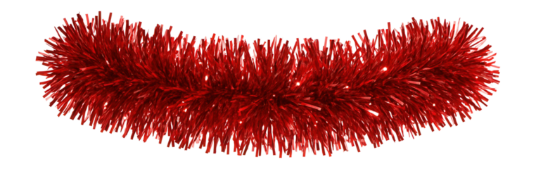 Red tinsel garland with intertwined strands and glossy appearance