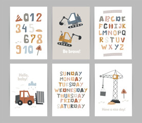 Set of posters with letters and numbers, days of the week with construction equipment. Perfect for children's bedroom, decorating a nursery, kindergarten and wall decorations.