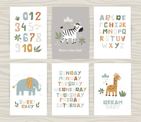 Set of posters with letters and numbers, days of the week with african animals. Perfect for children's bedroom, decorating a nursery, kindergarten and wall decorations.