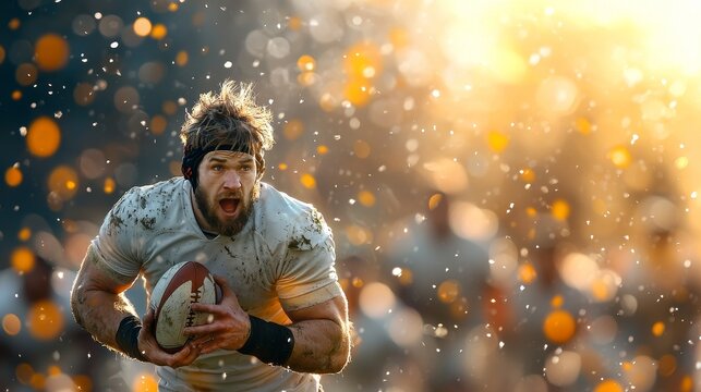 Rugby player in action stadium sports photography dynamic environment close-up view athletic spirit - Powered by Adobe