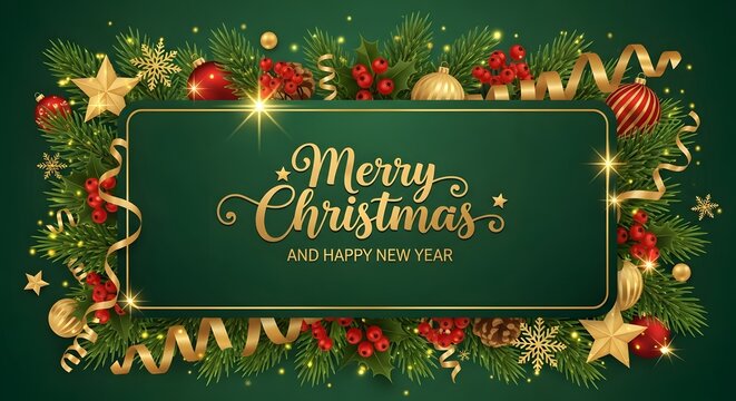 Elegant merry christmas and happy new year greeting with festive decorations including pine branches, baubles, stars, and ribbons on a dark green background