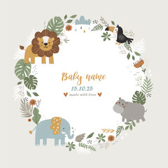 Vector template for baby metrics with safari animals and leaves. Date of birth, height, weight. Perfect for kids bedroom, nursery decoration, posters and wall decorations