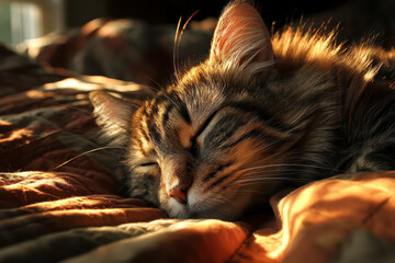 Sleeping cat tabby fur soft sunlight cozy bed peaceful pet warm light close up animal calm and serene nap indoor resting whiskers detail