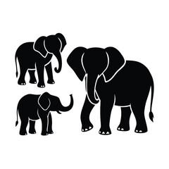 African Elephant Family Silhouette:  Three Black and White Vector Illustrations of Adult and Baby Elephants
