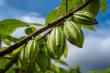 Green Cocoa Pods on a Branch with Lush Green Leaves Under a Blue Sky