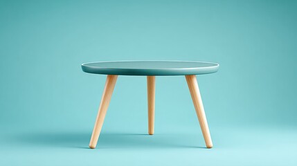 A blue table with wooden legs sits on a blue background