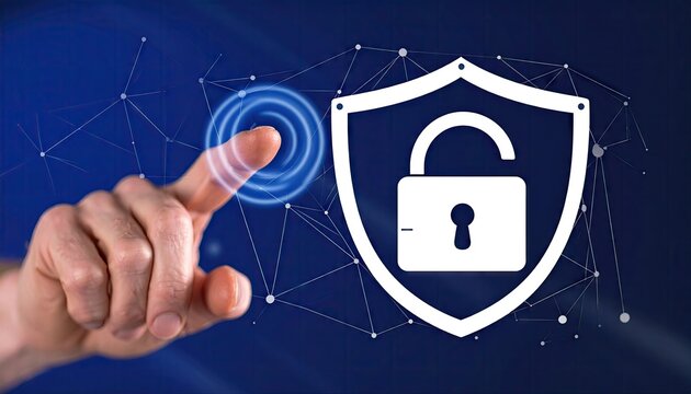 Hand Interacting with a Digital Lock and Shield on a Deep Blue Background