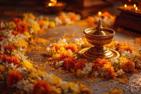 Kerela Brass Oil Lamp with Flower