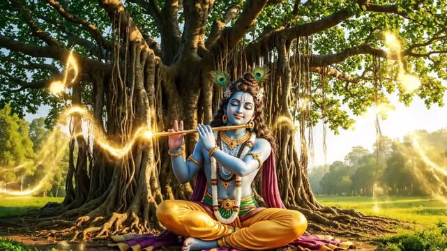 lord krishna playing flute under sacred banyan tree