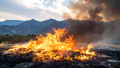 A large bonfire burning in a field against a backdrop of mountains and smoke