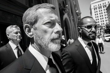 Professional men in formal suit walking on city street with serious expressions, black and white candid shot capturing focused business atmosphere and urban background