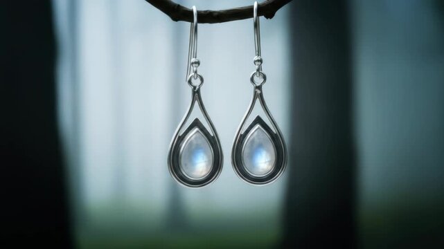 Elegant teardrop moonstone silver earrings hanging from branch against dreamy forest backdrop. Jewelry design, fashion accessory, gemstone. Beauty and nature combine.