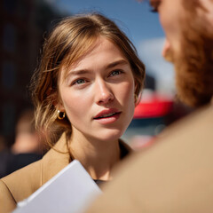 Young woman talking to man outdoors in natural light, wearing beige jacket and holding documents, with thoughtful and engaged expression on her face