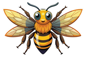 Cartoon Bee Illustration Depicting a Cute and Detailed Honeybee with Striped Abdomen and Translucent Wings on a White Background