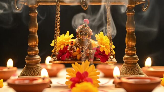 lord krishna idol swing diya lights flowers festival