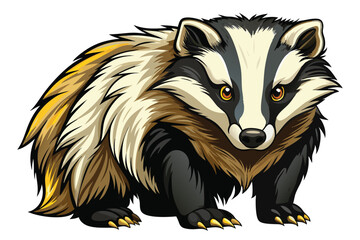 Obraz premium A Detailed Cartoon Depiction of a Badger with Distinctive Markings and Claws, Standing on White Background with Bold Outlines