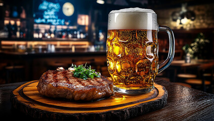  large glass of beer and a steak on a wooden plate in a bar, with a beautiful background and interior