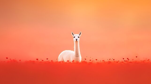Majestic alpaca stands tall amidst fiery red flowers under a warm sunset sky