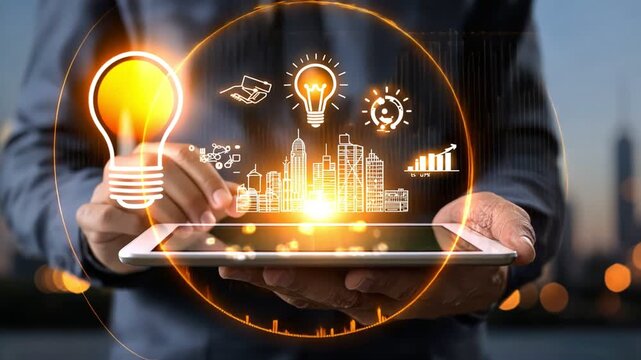 An individual operates a tablet, showcasing a visualization of innovative city planning concepts with icons of light bulbs, charts, and skyscrapers illuminated against a dark backd