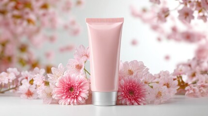 Soft Pink Cosmetic Tube Surrounded by Beautiful Blossoms and Petals