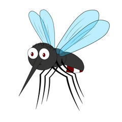 Cartoon mosquito with big eyes and blue wings flying in darkness