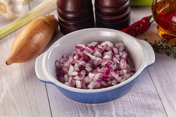 Diced red onion in the bowl