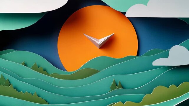 Paper art clock showing time passing in a mountainous landscape