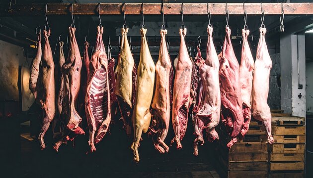 Raw meat hanging in a butchery