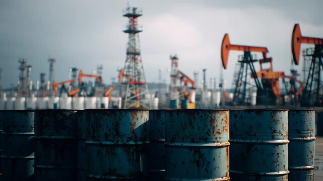 Oil business and fuel extraction barrels in a row. Petrol industrial containers
