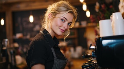 Smiling Barista in Coffee Shop with Bright Atmosphere and Fresh Brew