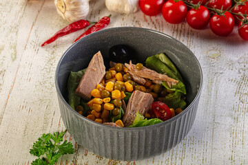 Dietary salad with canned tuna and corn