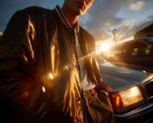 Young man wearing shiny jacket standing near parked car during golden hour with warm sunlight and dramatic sky, capturing casual and reflective moment outdoors