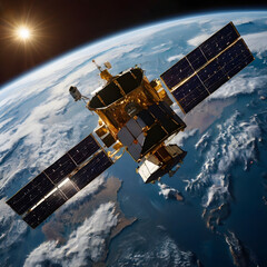 An awe-inspiring satellite orbits the Earth, offering a unique perspective on our planet, bathed in the radiant glow of the sun.