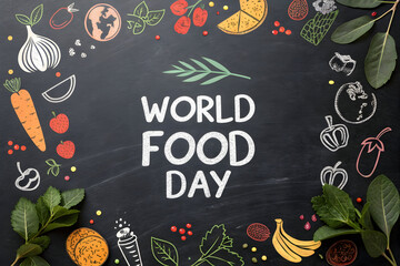 World food day concept with fresh ingredients and drawings on blackboard