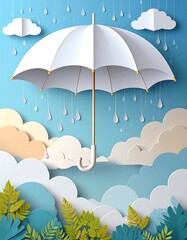 White umbrella in rain, paper art clouds and foliage