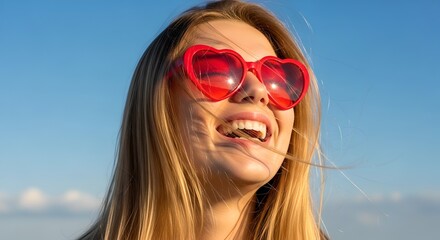 Blonde Woman Wearing Red Heart-Shaped Sunglasses