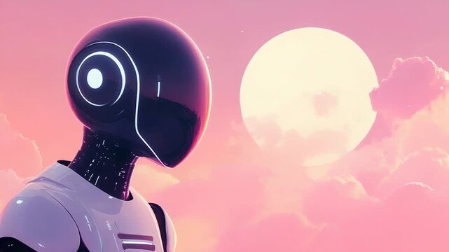 Futuristic robot contemplating pink sunset under big moon