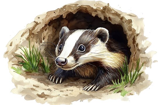 Adorable Badger Peeking Out From Its Burrow Entrance.