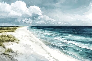 Serene Beach Landscape with Gentle Waves and Cloudy Sky.