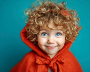 Curly hair child with bright blue eyes wearing red hooded cape smiling happily against teal background, capturing innocence and joyful expression in close up portrait