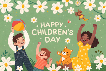 Joyful children celebrating happy childrens day with flowers and toys