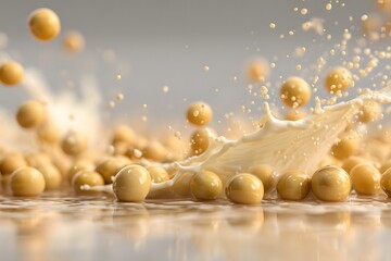 Naklejka premium Splashing Liquid with Soybeans Creating Dynamic Water Effects in Soft Colors