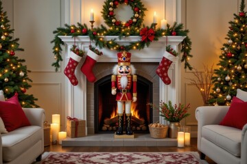 a festive living room setup with a life size nutcracker by a fireplace, surrounded by stockings, pine garlands, candles, and warm lights perfect for family holiday photos