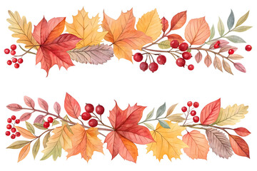 Obraz premium Watercolor autumn leaves and berries garland border design